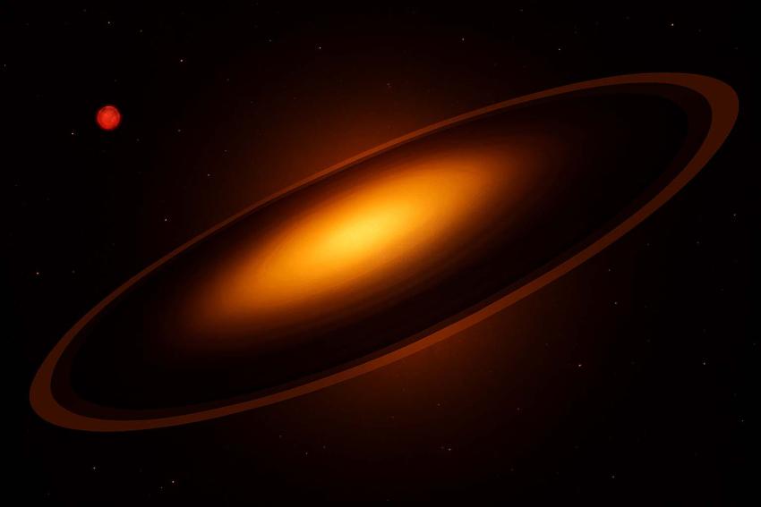 An artist’s impression of the stellar dimming event caused by a brown dwarf or super-Jupiter with massive rings (foreground) forming an opaque “saucer” through which some light from the star ASASSN-24fw (background) shines.