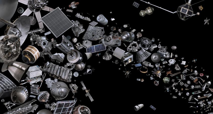 Artwork by Steve Kelly, created from 250 individual photographs of examples of what is in orbit, taken by Max Alexander.