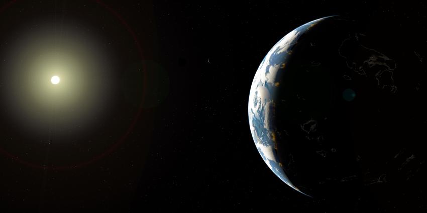 An artist’s impression of a planetary system around a slightly hotter star than our Sun. In prior research, Carl Sagan Institute scientists have theorised that organisms could evolve biofluorescence to protect themselves from a more intense star.