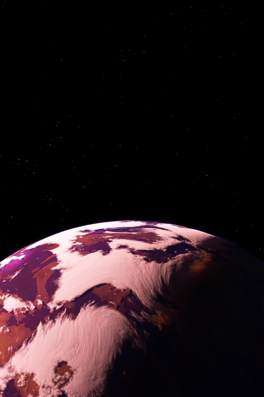 An artist's impression of a theoretical&nbsp;planet orbiting a redder star, which could cause microbes and plants on the planet's surface to reflect very different colours from Earth’s green forests.