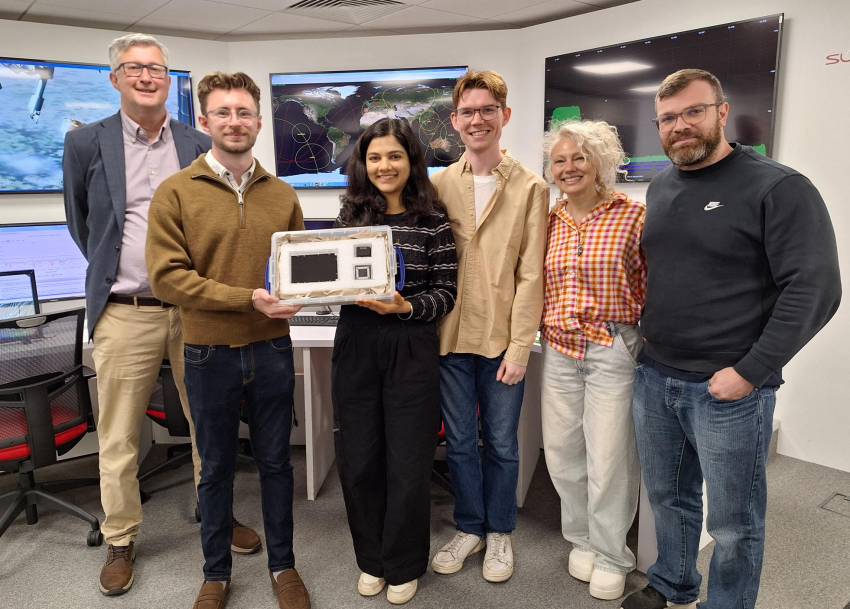 From left, Professor Keith Ryden, James Whitfield, Astha Chaturvedi, Dr Keiran Clifford, Dr Noelia Noël and Luca Ferrian with the pioneering black coating Vantablack® 310.