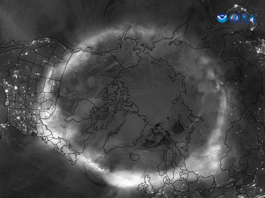 VIIRS satellite image showing the aurora borealis over the Northern Hemisphere on 10–11 May.