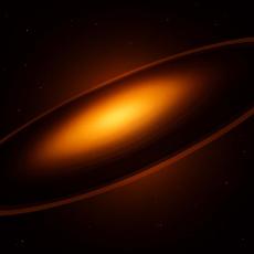 An artist’s impression of the stellar dimming event caused by a brown dwarf or super-Jupiter with massive rings (foreground) forming an opaque “saucer” through which some light from the star ASASSN-24fw (background) shines.