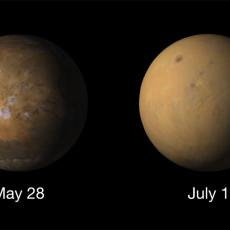 Comparison of Mars before (left) and during (right) the June 2018 dust storm, which coincided with the solar energetic particle event examined by the Lancaster University team. Images taken by the Mars Color Imager (MARCI), a wide-angle camera aboard NASA's Mars Reconnaissance Orbiter (MRO), that maps daily weather conditions across the planet.