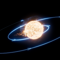 An artist’s impression of a star engulfing a planet. The blue line traces the path of the planet as it spirals toward the star and ultimately collides with it.