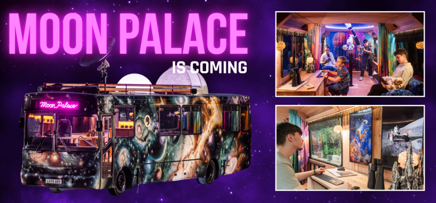 Moon Palace bus with two images from inside the mobile observatory.
