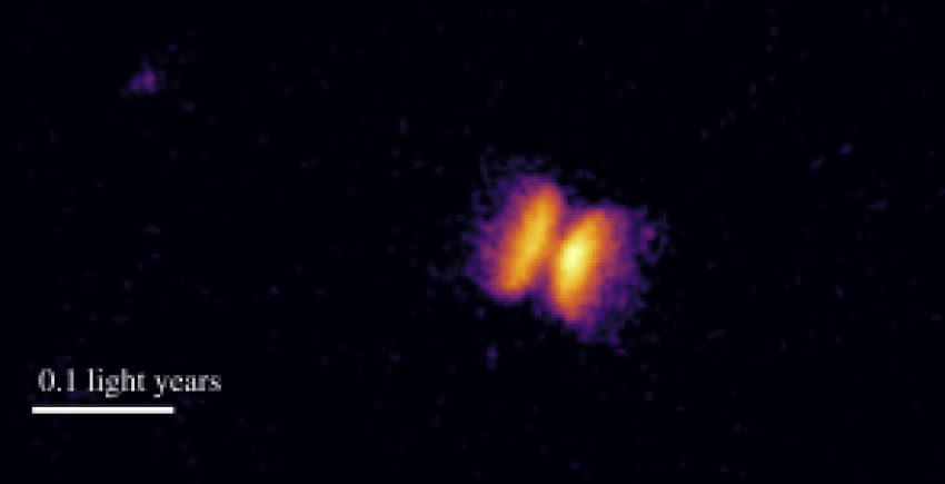 Image from HST showing the bipolar outflow of material ejected by the helium nova V445 Puppis. The progenitor binary star system is just about visible in the centre of the outflow. Also visible are the 'bullets' of gas that were shot out at either end of the outflow. Image taken in 2013 with the F502N filter on Hubble’s Wide Field Camera 3.