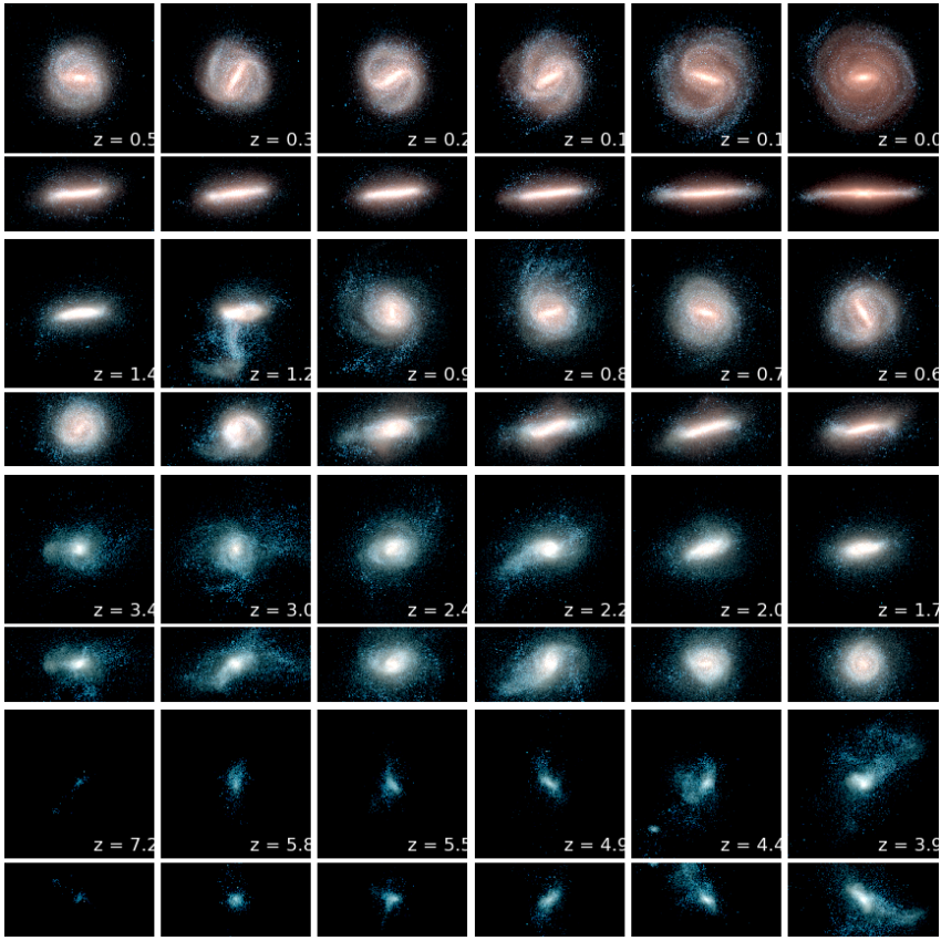 Halo 18 is an example of a galaxy that had a head-on collision (see the panel at z=1.2) and had a disc flip (you can see this by comparing the disc orientation at z=1.4 and z=0). This image and Image 2 show how these two exemplary galaxies evolve with time: each panel corresponds to a different time defined by redshift (z). Redshift is a quantity used by astronomers to measure the time in the universe, with z=0 corresponding to the present day, and larger z corresponding to earlier times. Each z has two pan