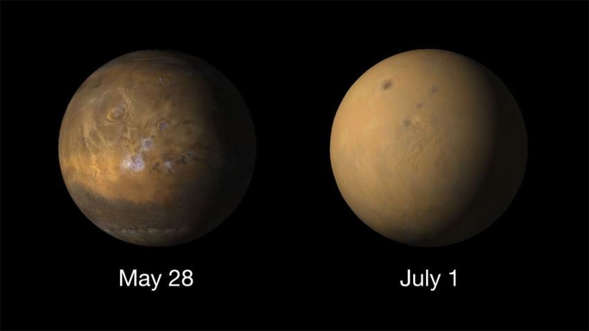 Comparison of Mars before (left) and during (right) the June 2018 dust storm, which coincided with the solar energetic particle event examined by the Lancaster University team. Images taken by the Mars Color Imager (MARCI), a wide-angle camera aboard NASA's Mars Reconnaissance Orbiter (MRO), that maps daily weather conditions across the planet.